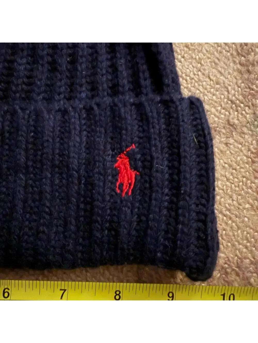 Polo Ralph Lauren Navy and Red knit beanie hat w pom pom and logo. NWOT